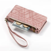 For iPhone 14 Geometric Zipper Wallet Side Buckle Leather Phone Case(Pink)