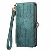 For iPhone 14 Pro Geometric Zipper Wallet Side Buckle Leather Phone Case(Green)