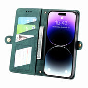 For iPhone 14 Pro Geometric Zipper Wallet Side Buckle Leather Phone Case(Green)