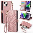 For iPhone 14 Plus Geometric Zipper Wallet Side Buckle Leather Phone Case(Pink) - free shipping - PMC TechLife - Order now!
