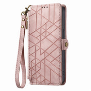 For iPhone 14 Plus Geometric Zipper Wallet Side Buckle Leather Phone Case(Pink)