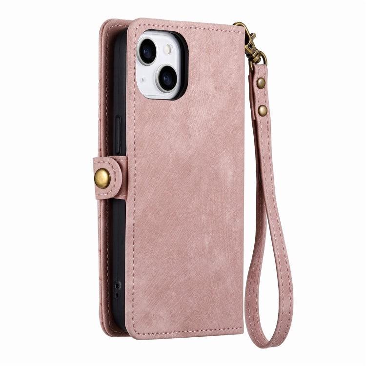 For iPhone 14 Plus Geometric Zipper Wallet Side Buckle Leather Phone Case(Pink)