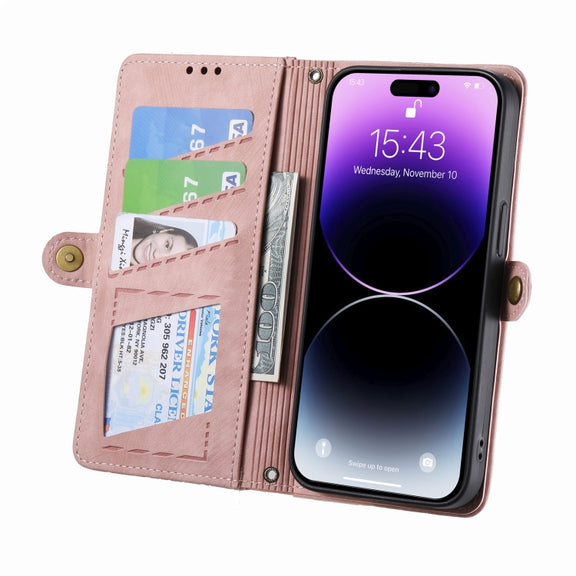 For iPhone 14 Plus Geometric Zipper Wallet Side Buckle Leather Phone Case(Pink)