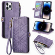 For iPhone 14 Pro Max Geometric Zipper Wallet Side Buckle Leather Phone Case(Purple) - free shipping - PMC TechLife - Order now!