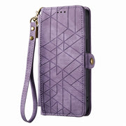 For iPhone 14 Pro Max Geometric Zipper Wallet Side Buckle Leather Phone Case(Purple)