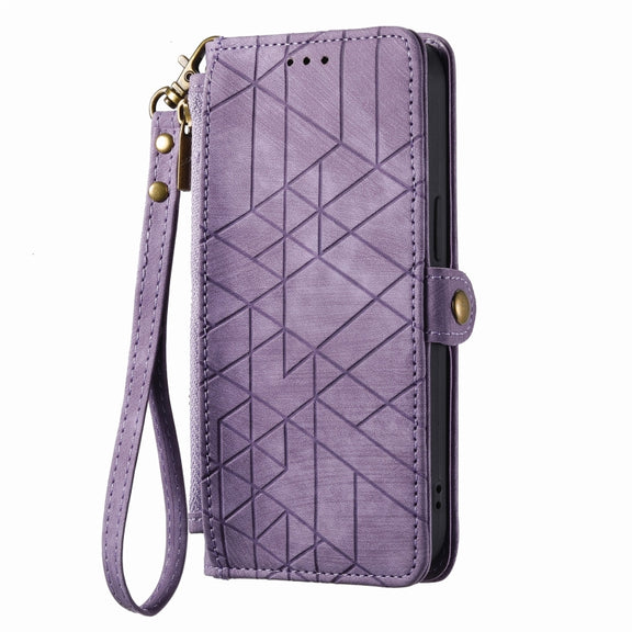 For iPhone 14 Pro Max Geometric Zipper Wallet Side Buckle Leather Phone Case(Purple)