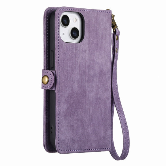 For iPhone 14 Pro Max Geometric Zipper Wallet Side Buckle Leather Phone Case(Purple)
