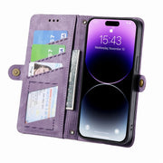 For iPhone 14 Pro Max Geometric Zipper Wallet Side Buckle Leather Phone Case(Purple)