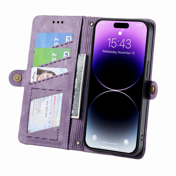 For iPhone 14 Pro Max Geometric Zipper Wallet Side Buckle Leather Phone Case(Purple)