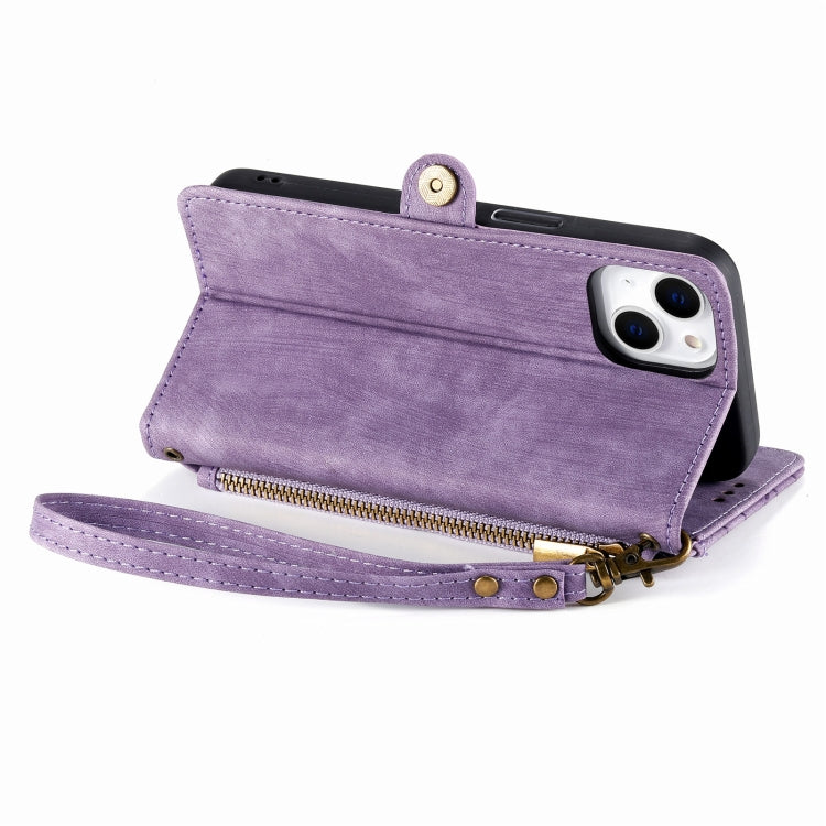 For iPhone 14 Pro Max Geometric Zipper Wallet Side Buckle Leather Phone Case(Purple)