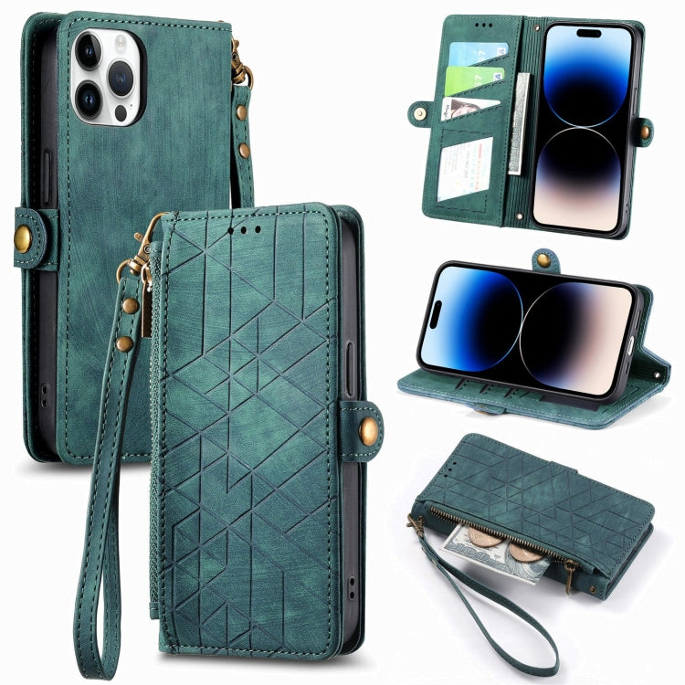 For iPhone 14 Pro Max Geometric Zipper Wallet Side Buckle Leather Phone Case(Green)