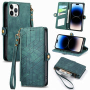 For iPhone 14 Pro Max Geometric Zipper Wallet Side Buckle Leather Phone Case(Green)