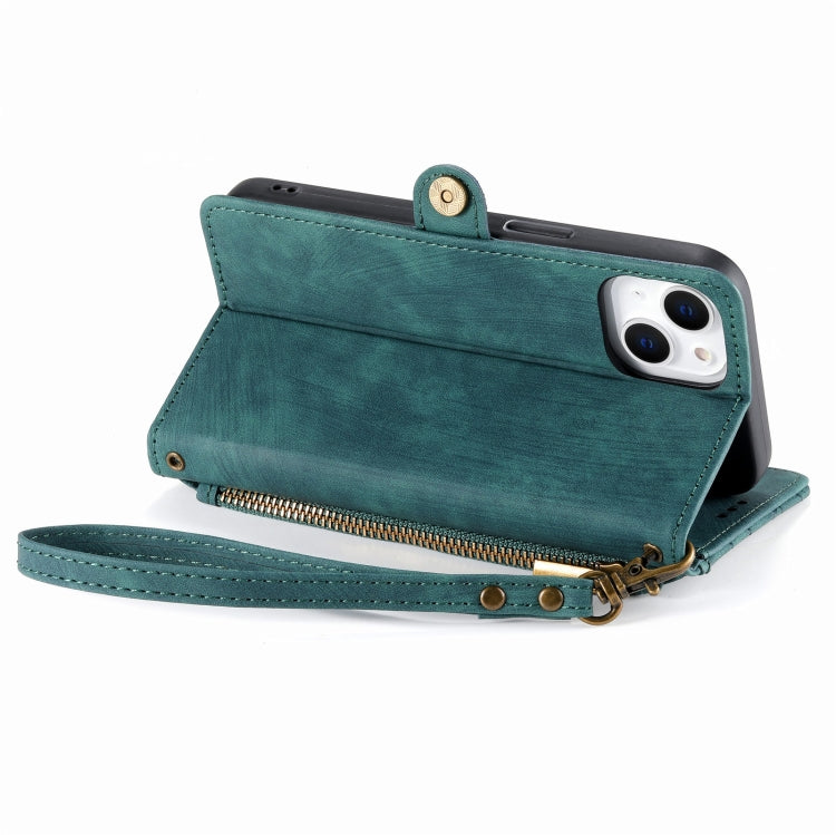 For iPhone 14 Pro Max Geometric Zipper Wallet Side Buckle Leather Phone Case(Green)