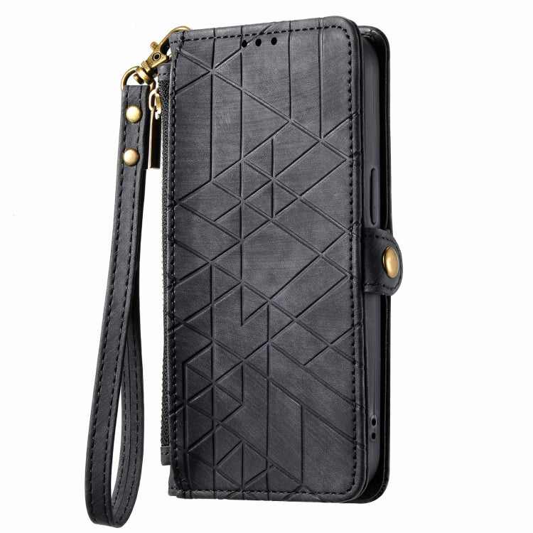 For iPhone 13 Geometric Zipper Wallet Side Buckle Leather Phone Case(Black)
