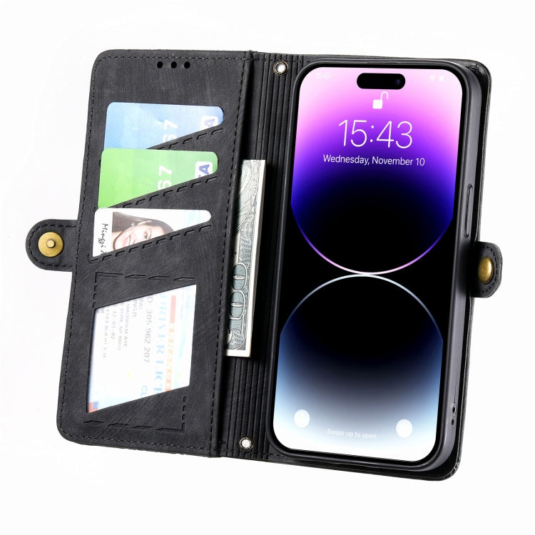 For iPhone 13 Geometric Zipper Wallet Side Buckle Leather Phone Case(Black)