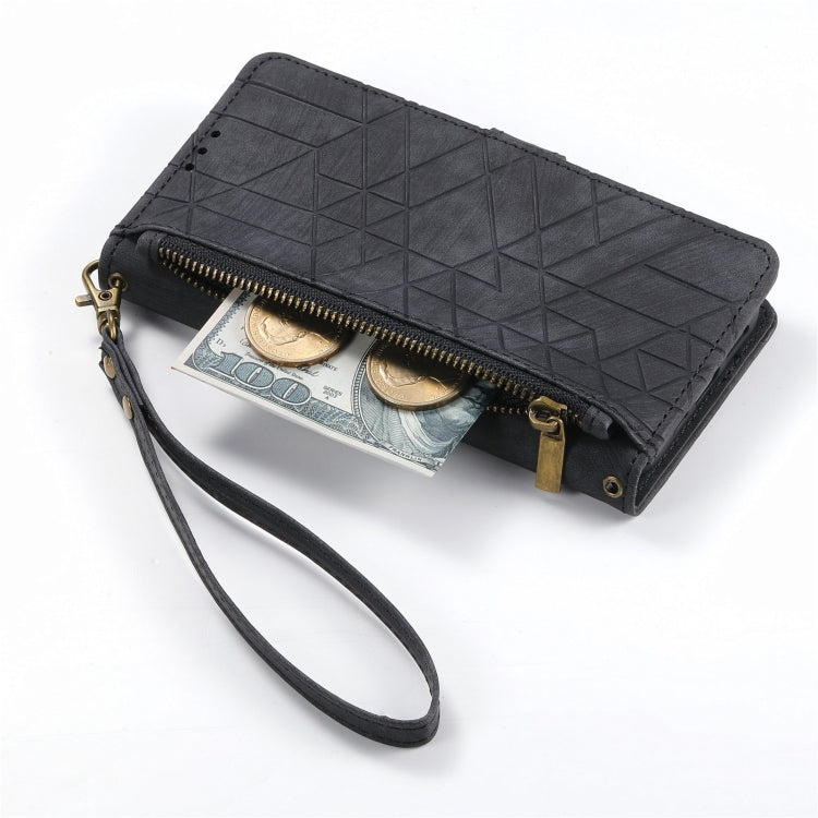 For iPhone 13 Geometric Zipper Wallet Side Buckle Leather Phone Case(Black)