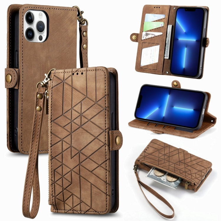 For iPhone 13 Pro Geometric Zipper Wallet Side Buckle Leather Phone Case(Brown)
