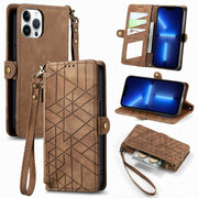 For iPhone 13 Pro Geometric Zipper Wallet Side Buckle Leather Phone Case(Brown)