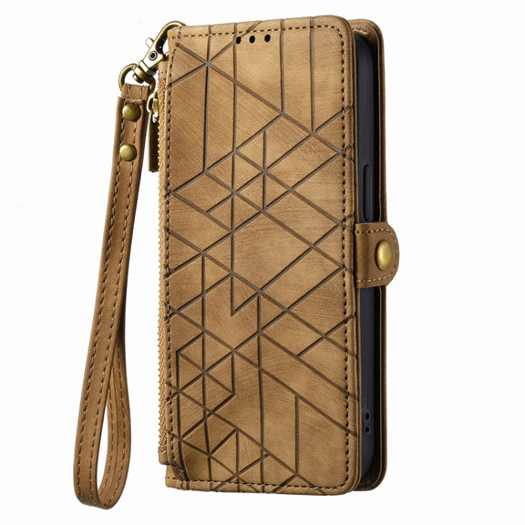 For iPhone 13 Pro Geometric Zipper Wallet Side Buckle Leather Phone Case(Brown)