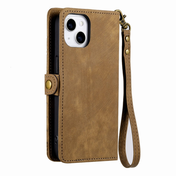 For iPhone 13 Pro Geometric Zipper Wallet Side Buckle Leather Phone Case(Brown)