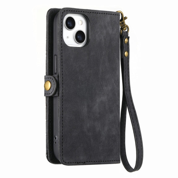 For iPhone 13 Pro Geometric Zipper Wallet Side Buckle Leather Phone Case(Black)
