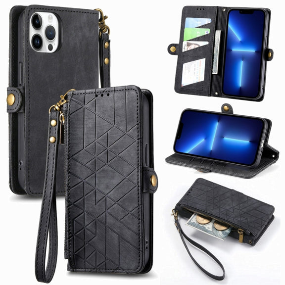 For iPhone 13 Pro Geometric Zipper Wallet Side Buckle Leather Phone Case(Black)