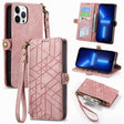For iPhone 13 Pro Geometric Zipper Wallet Side Buckle Leather Phone Case(Pink) - free shipping - PMC TechLife - Order now!