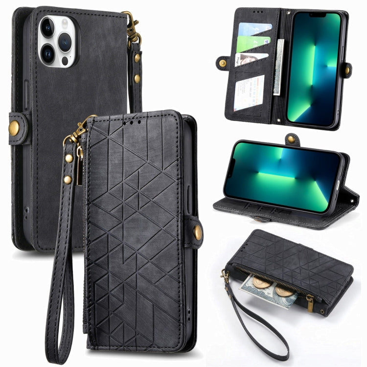 For iPhone 13 Pro Max Geometric Zipper Wallet Side Buckle Leather Phone Case(Black)