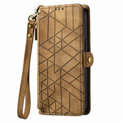 For iPhone 12 / 12 Pro Geometric Zipper Wallet Side Buckle Leather Phone Case(Brown)