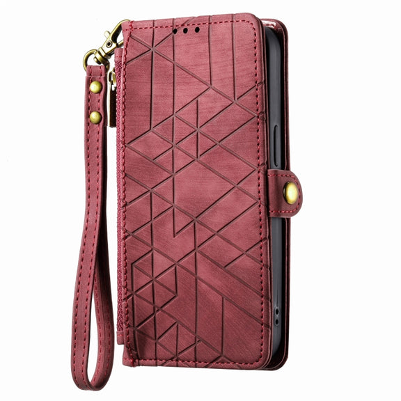 For iPhone 12 / 12 Pro Geometric Zipper Wallet Side Buckle Leather Phone Case(Red)
