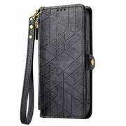For iPhone 12 / 12 Pro Geometric Zipper Wallet Side Buckle Leather Phone Case(Black)