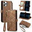 For iPhone 12 Pro Max Geometric Zipper Wallet Side Buckle Leather Phone Case(Brown) - free shipping - PMC TechLife - Order now!