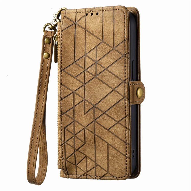 For iPhone 11 Pro Geometric Zipper Wallet Side Buckle Leather Phone Case(Brown)