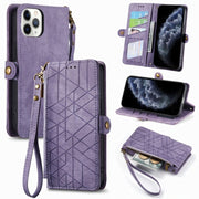 For iPhone 11 Pro Max Geometric Zipper Wallet Side Buckle Leather Phone Case(Purple)