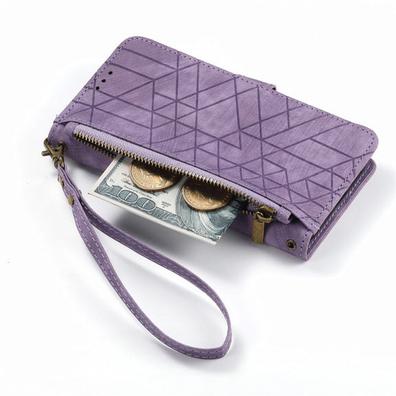 For iPhone 11 Pro Max Geometric Zipper Wallet Side Buckle Leather Phone Case(Purple)