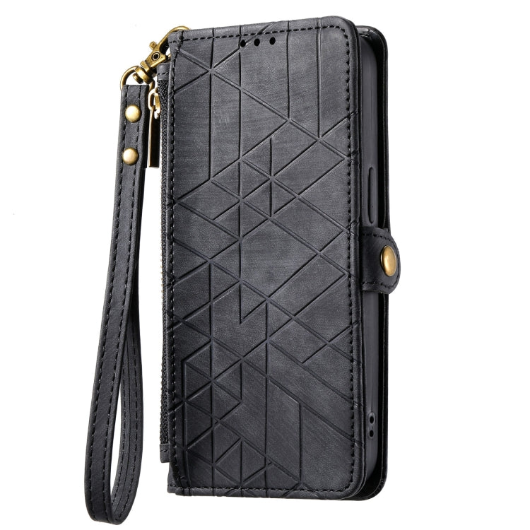 For iPhone 15 Geometric Zipper Wallet Side Buckle Leather Phone Case(Black)