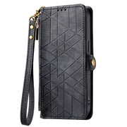 For iPhone 15 Geometric Zipper Wallet Side Buckle Leather Phone Case(Black)