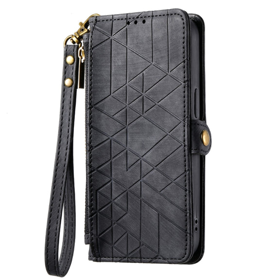 For iPhone 15 Geometric Zipper Wallet Side Buckle Leather Phone Case(Black)