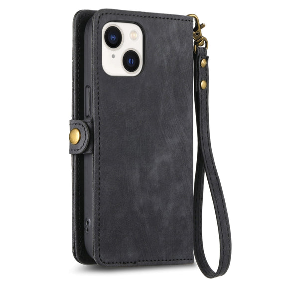 For iPhone 15 Geometric Zipper Wallet Side Buckle Leather Phone Case(Black)