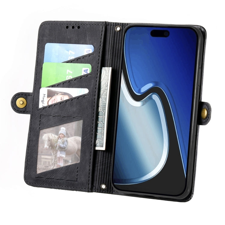 For iPhone 15 Geometric Zipper Wallet Side Buckle Leather Phone Case(Black)