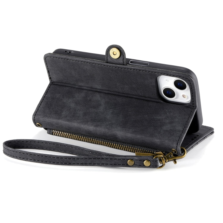 For iPhone 15 Geometric Zipper Wallet Side Buckle Leather Phone Case(Black)