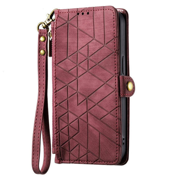 For iPhone 15 Pro Geometric Zipper Wallet Side Buckle Leather Phone Case(Red)