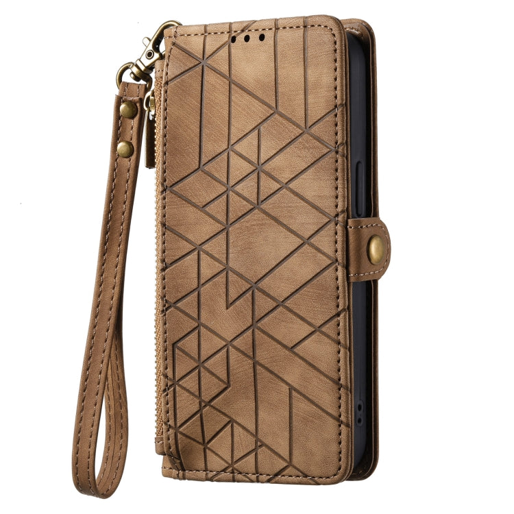 For iPhone 15 Plus Geometric Zipper Wallet Side Buckle Leather Phone Case(Brown)