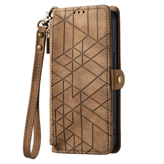 For iPhone 15 Plus Geometric Zipper Wallet Side Buckle Leather Phone Case(Brown)