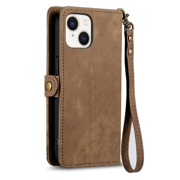 For iPhone 15 Plus Geometric Zipper Wallet Side Buckle Leather Phone Case(Brown)