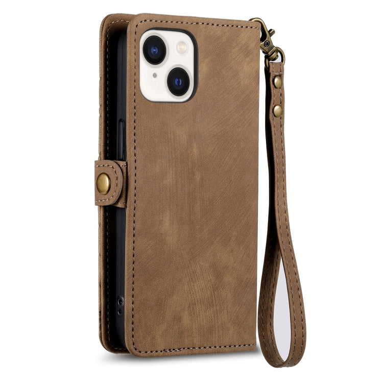 For iPhone 15 Plus Geometric Zipper Wallet Side Buckle Leather Phone Case(Brown)