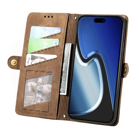 For iPhone 15 Plus Geometric Zipper Wallet Side Buckle Leather Phone Case(Brown)