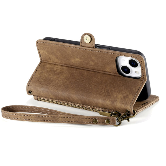 For iPhone 15 Plus Geometric Zipper Wallet Side Buckle Leather Phone Case(Brown)