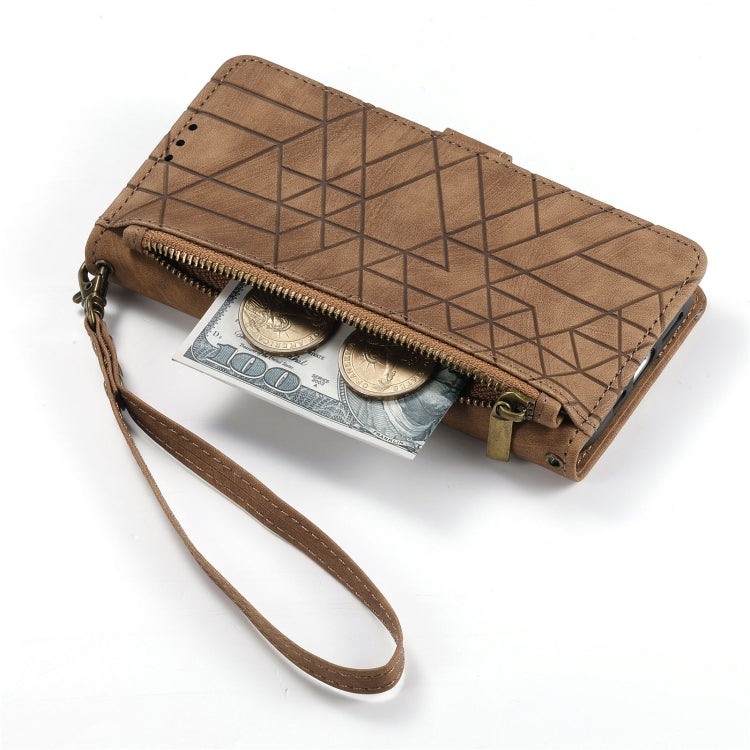 For iPhone 15 Plus Geometric Zipper Wallet Side Buckle Leather Phone Case(Brown)