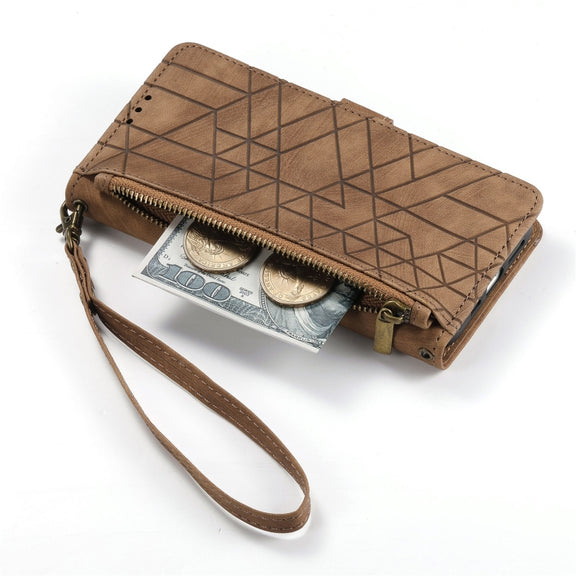 For iPhone 15 Plus Geometric Zipper Wallet Side Buckle Leather Phone Case(Brown)